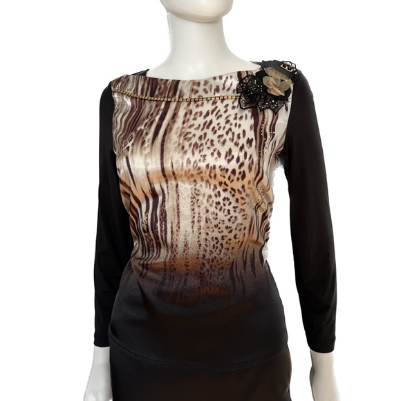 NWT POLEN POE 2PC‎ SET SKIRT/BLOUSE SATIN BLACK ANIMAL PRINT 3/4 SLEEVES - Picture 10 of 11